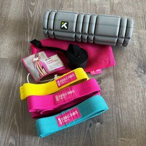 Fitness Bundle: Foam Roller, Long Resistance Bands, Door Anchor, and Mesh Bag
